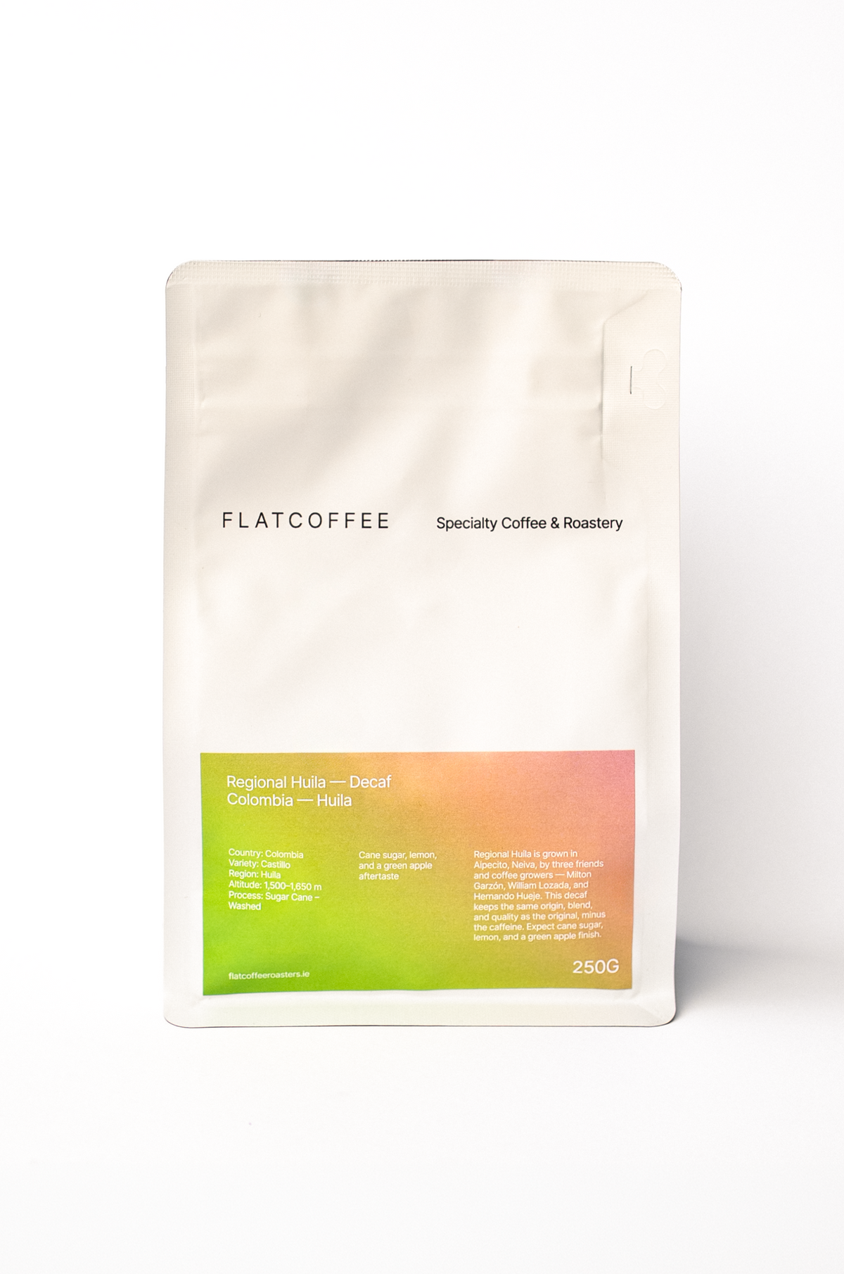 Flatcoffee Regional Huila Decaf coffee bag, 250g, green to orange gradient label, Colombia Huila specialty coffee