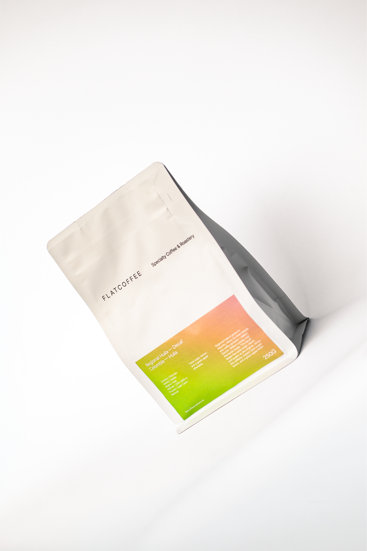 Flatcoffee Regional Huila Decaf coffee bag at an angle, showing side gusset, 250g specialty coffee from Colombia