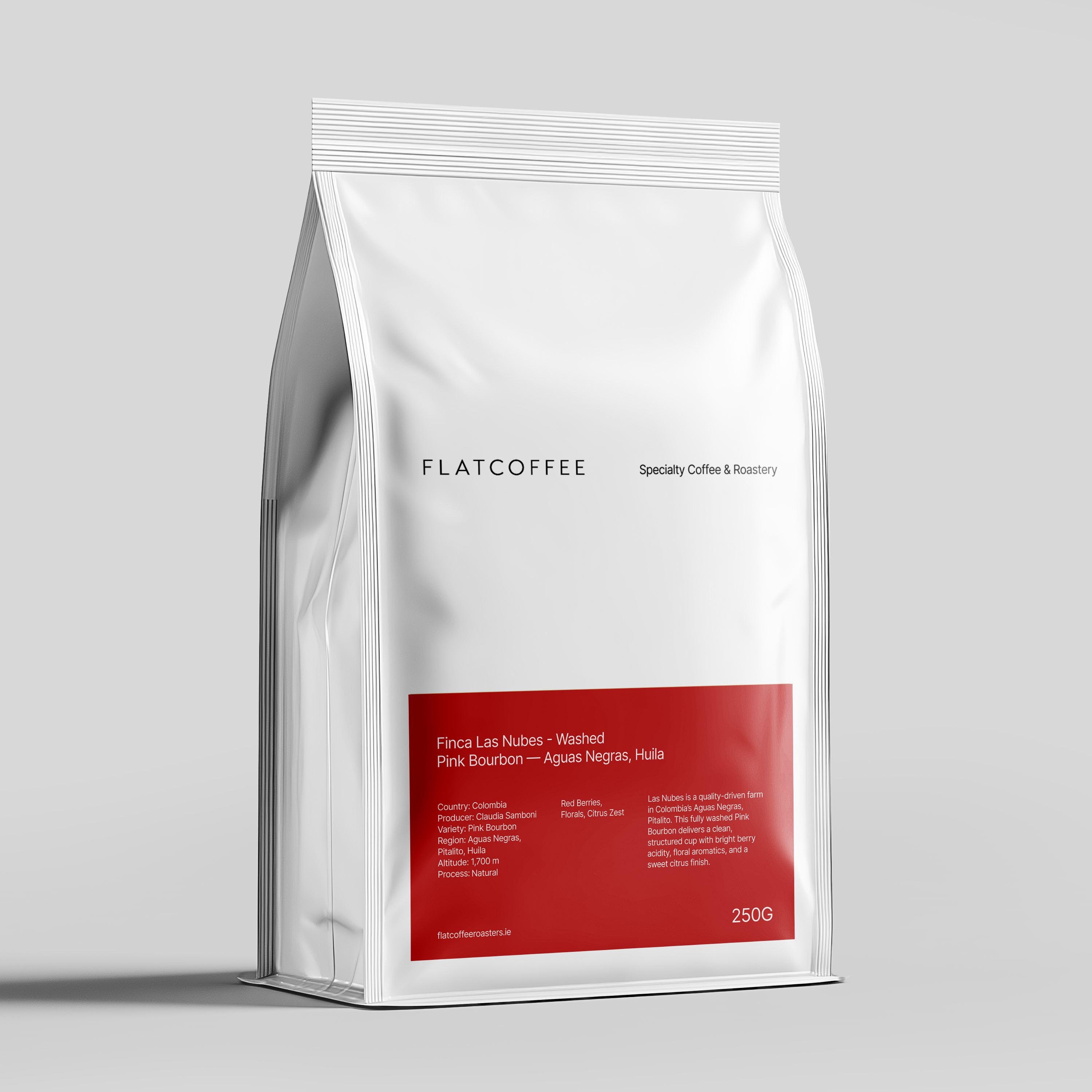 Coffee package with 'Flatcoffee' branding on a light gray background